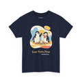 Shift Change penguin T-shirt in Navy: Two storybook chinstrap penguins high-fiving over an egg