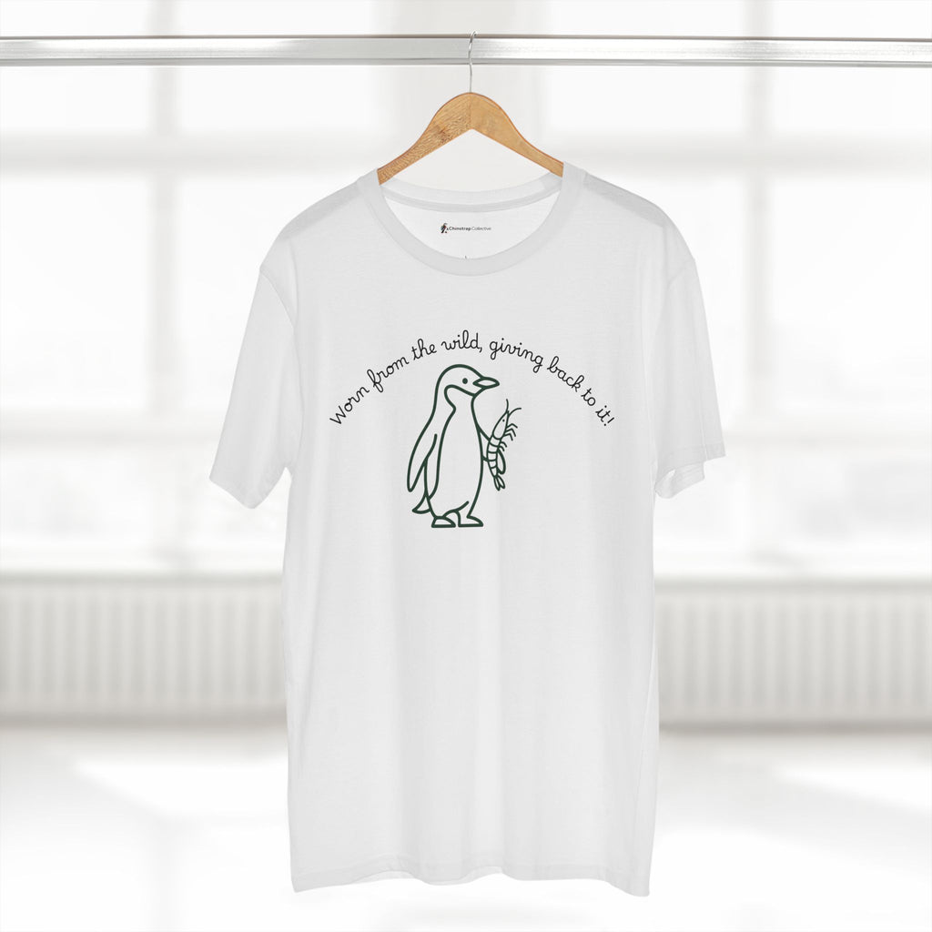 The Penguin and Krill T-shirt in White, worn outdoors