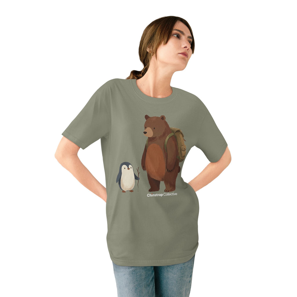 The Bear and Penguin Hike T-shirt in Eucalyptus, worn outdoors