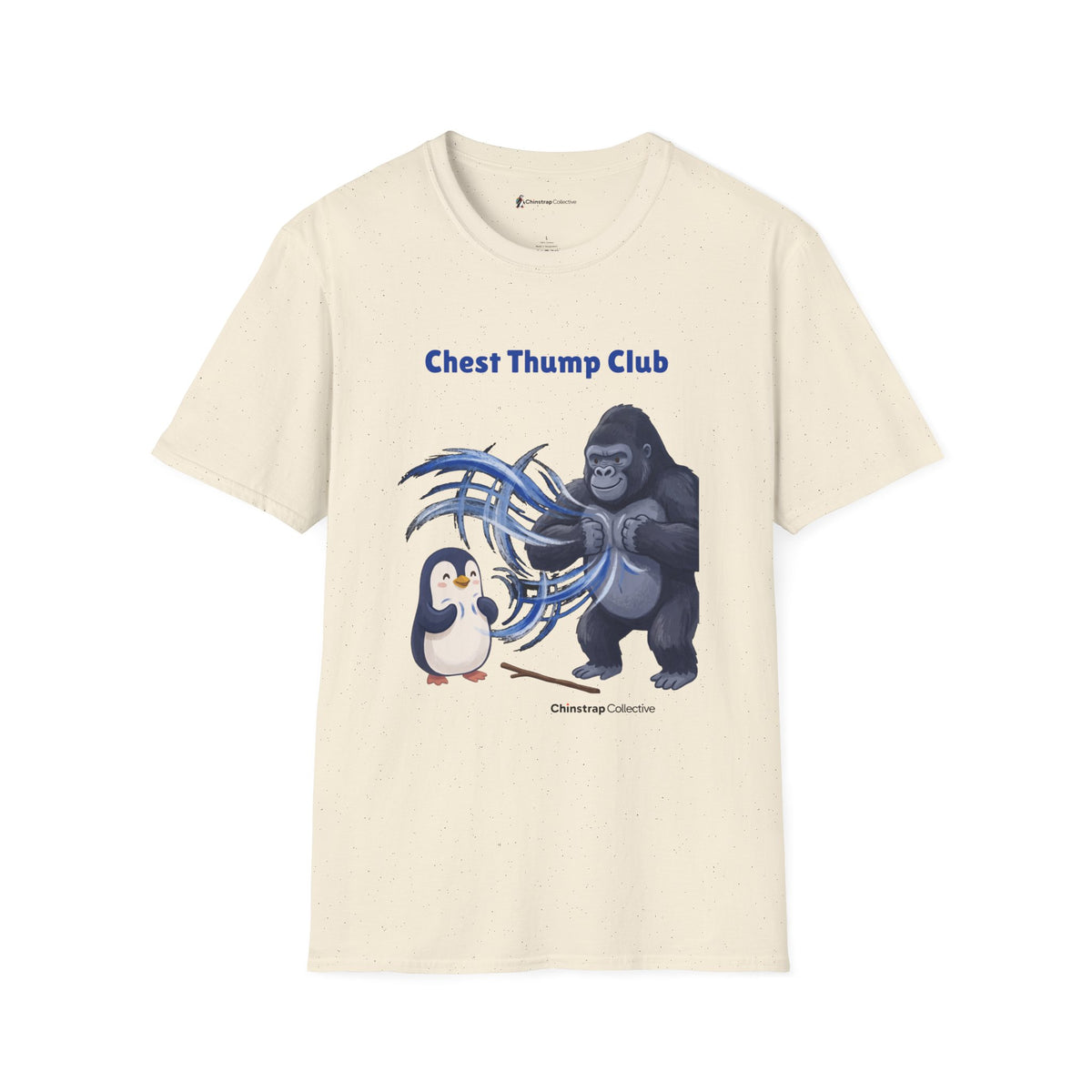 Chest Thump Club penguin T-shirt in Natural: The penguin and a gorilla thump their chests in a playful face-off, swirls…