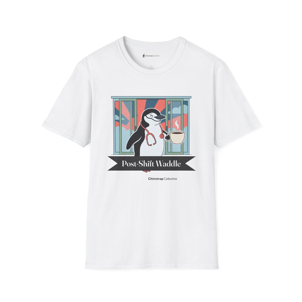 Post-Shift Waddle penguin T-shirt in White: The art shows a chinstrap penguin waddling out through sliding glass doors at…