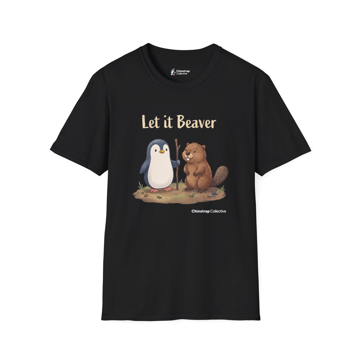 Let It Beaver penguin T-shirt in Black: The penguin, a walking stick in its flipper, stands beside a cheerful beaver