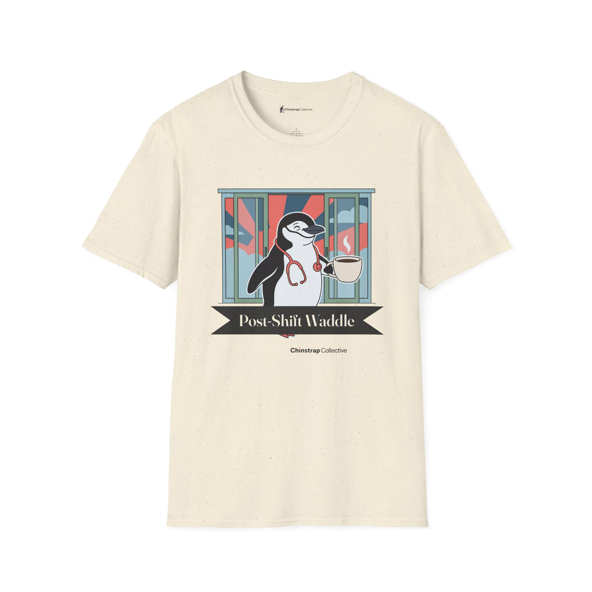 Post-Shift Waddle penguin T-shirt in Natural: The art shows a chinstrap penguin waddling out through sliding glass doors…