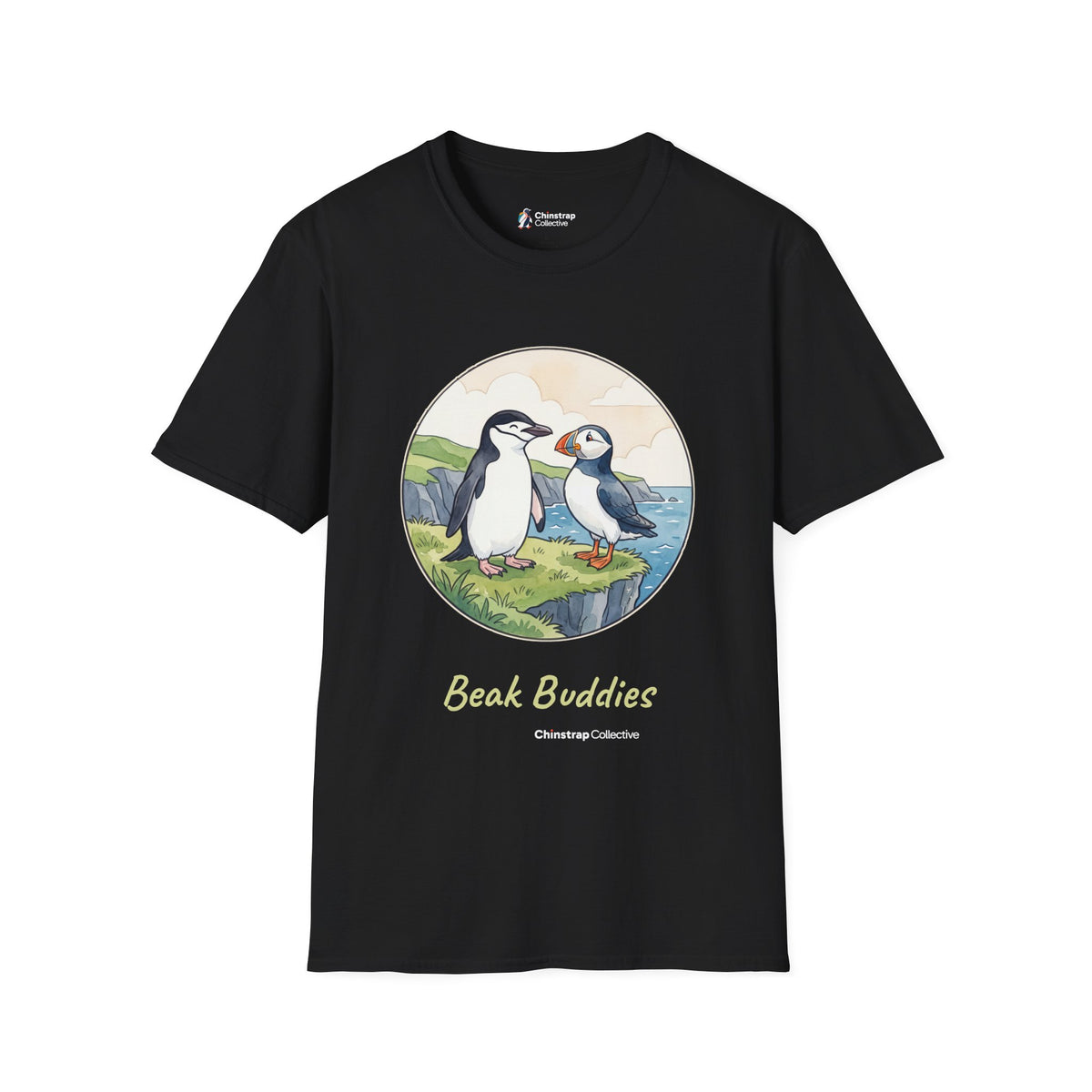 Beak Buddies penguin T-shirt in Black: A watercolour and ink chinstrap penguin and puffin