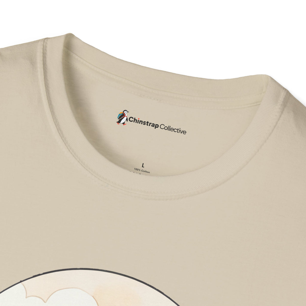 The Chinstrap Collective neck label on the Beak Buddies T-shirt in Sand