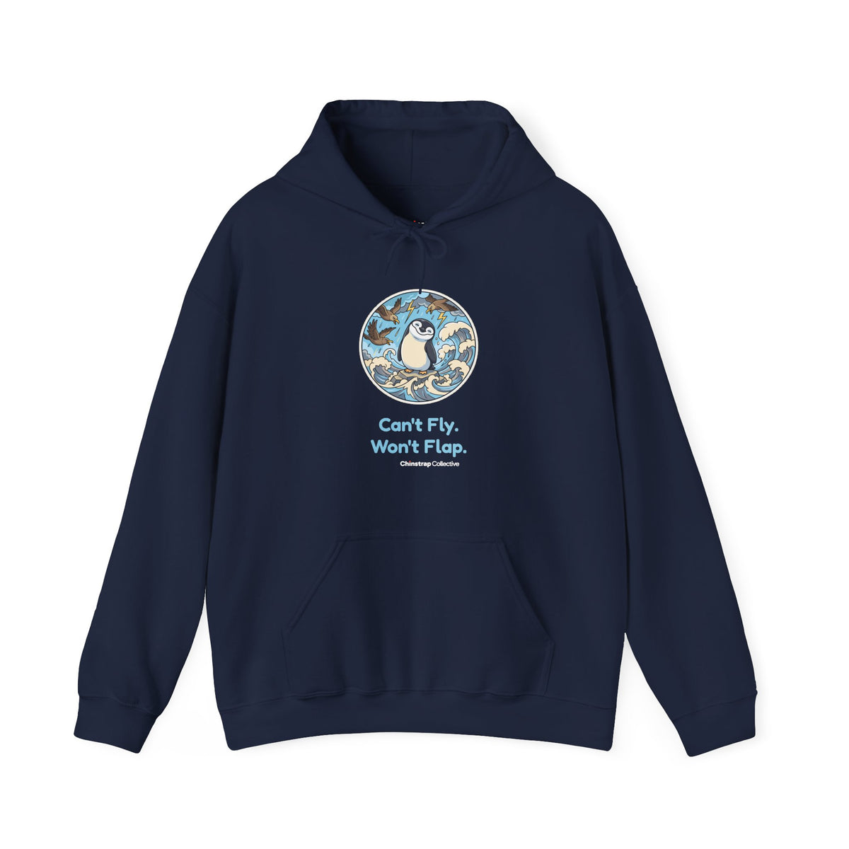 Unflappable penguin hoodie in Navy: Skuas dive and waves crash around the chinstrap penguin, who stands perfectly still…