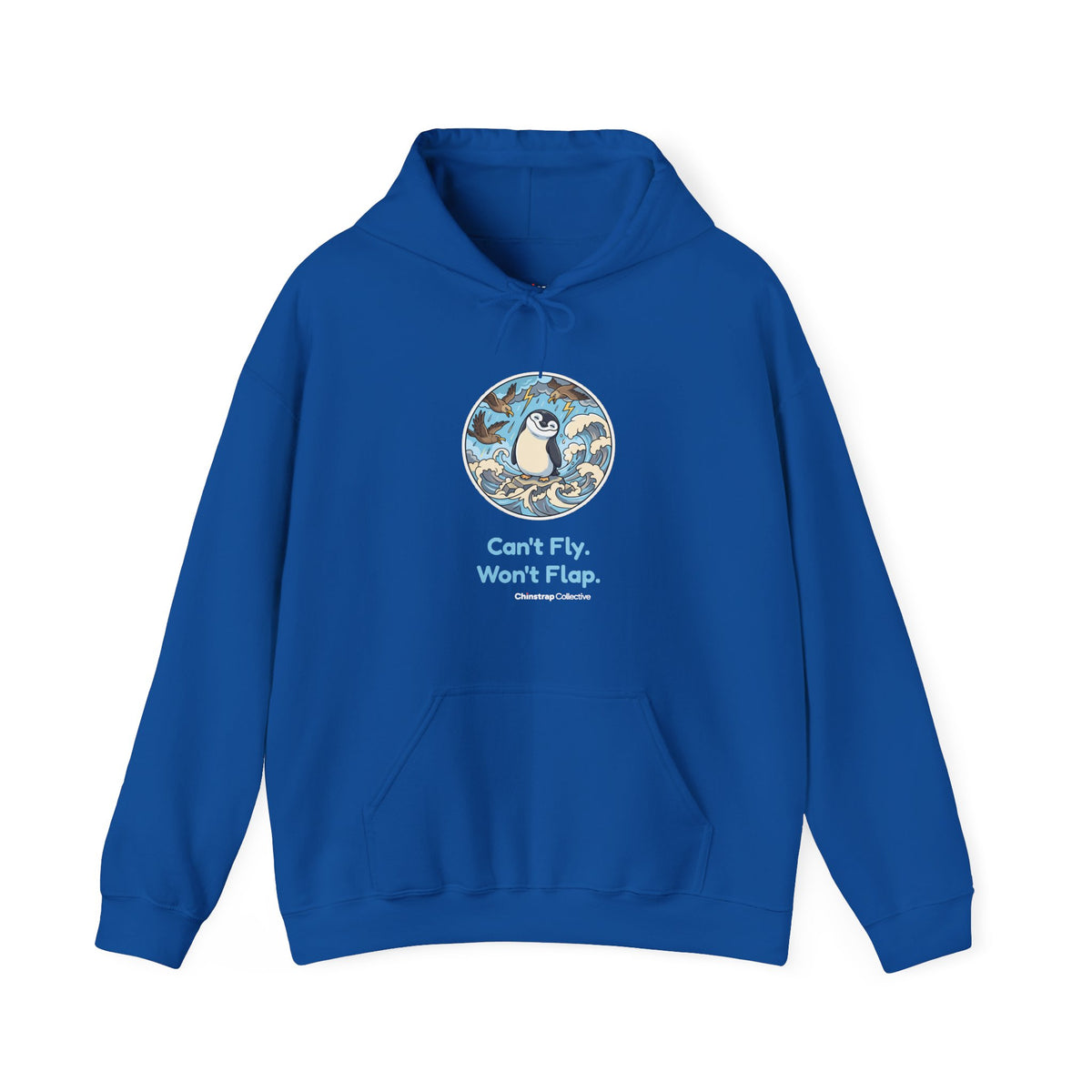 Unflappable penguin hoodie in Royal: Skuas dive and waves crash around the chinstrap penguin, who stands perfectly still…