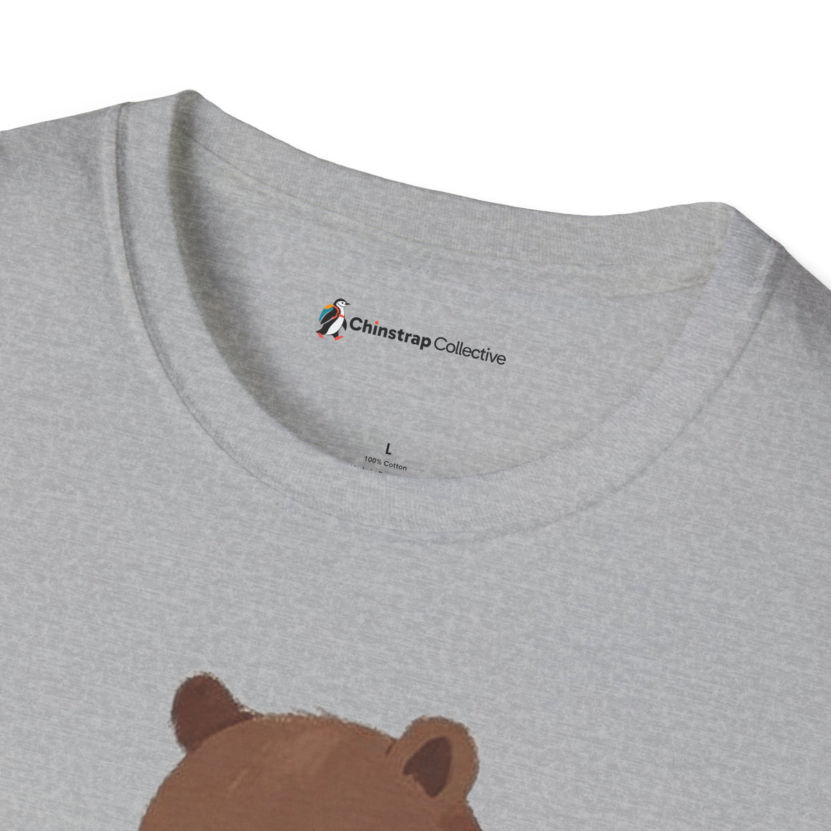 The Chinstrap Collective neck label on the Bear and Penguin Hike T-shirt in Sport Grey