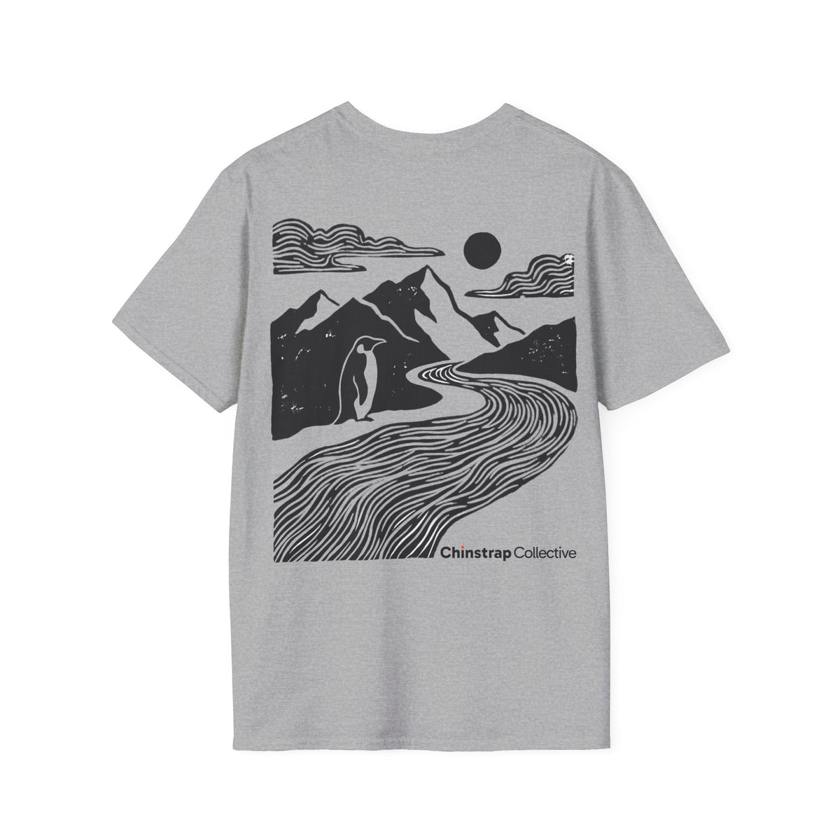 Penguin Mountain River T-Shirt, Linocut Style, Lightweight Fabric
