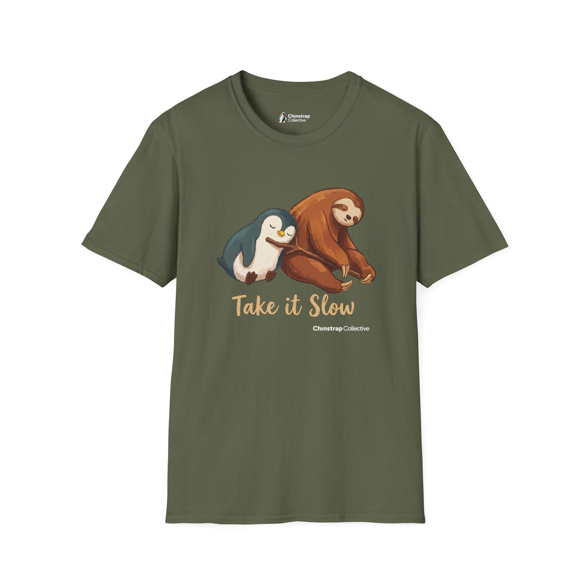 Take It Slow penguin T-shirt in Military Green: The penguin and a sloth doze off leaning against each other, sharing one…