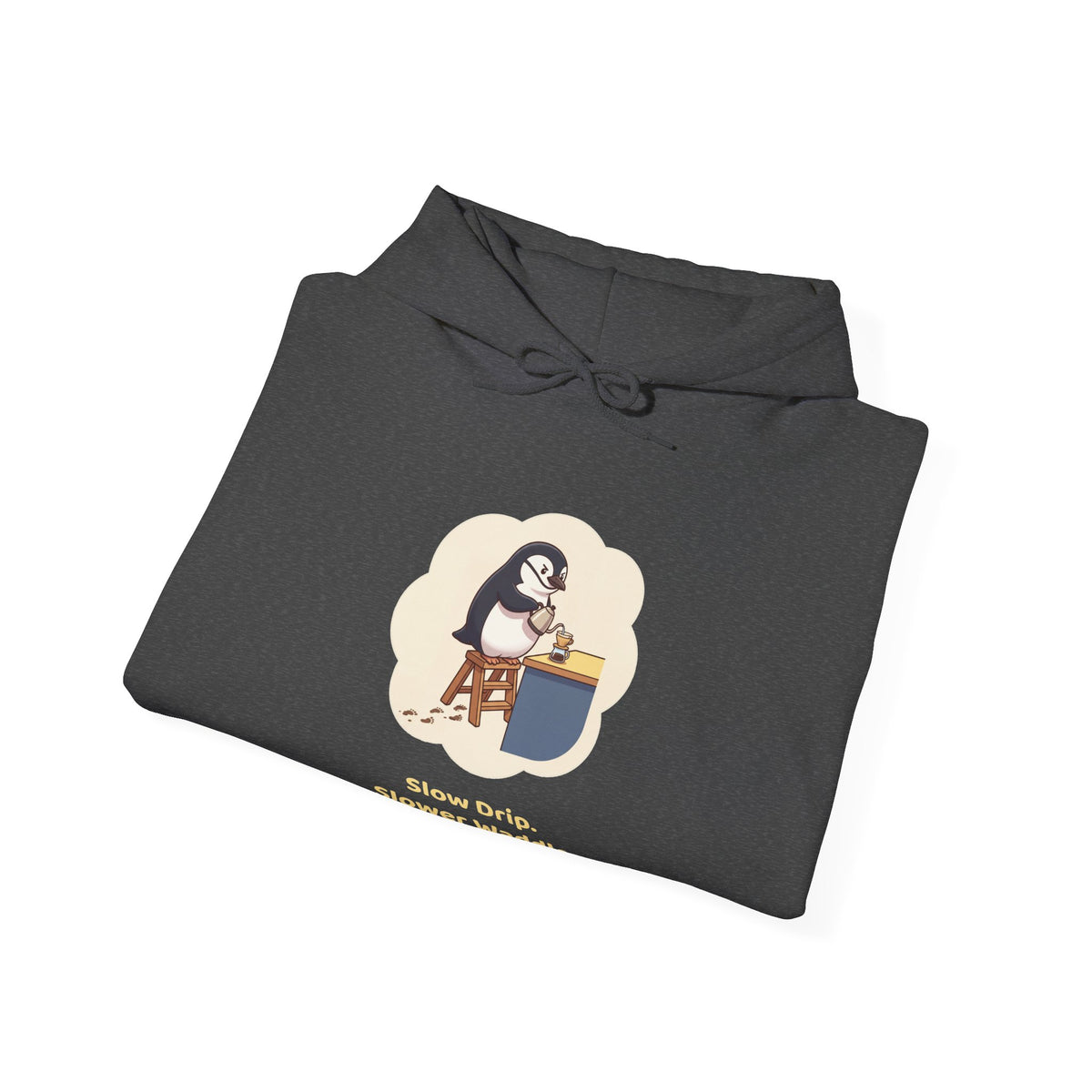 The Pour-Over Patience hoodie in Dark Heather, folded