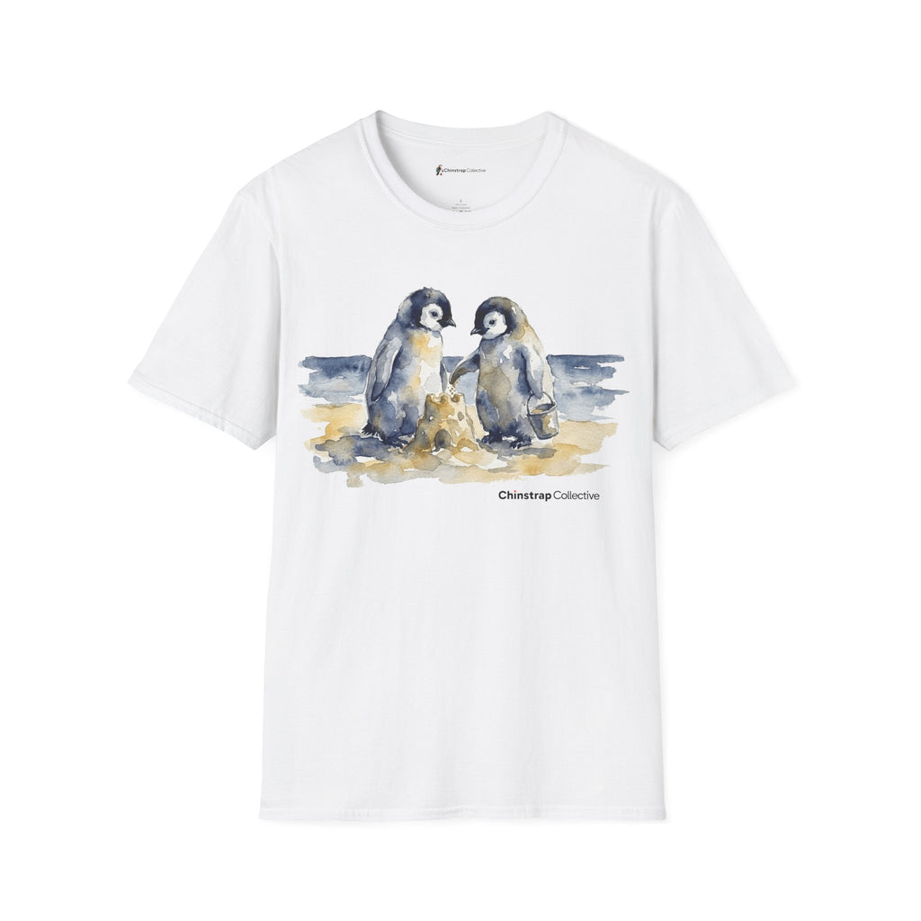 Sandcastle Penguin Chicks penguin T-shirt in White: The front print is a soft watercolor in navy, slate grey and golden…