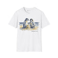 Sandcastle Penguin Chicks penguin T-shirt in White: The front print is a soft watercolor in navy, slate grey and golden…