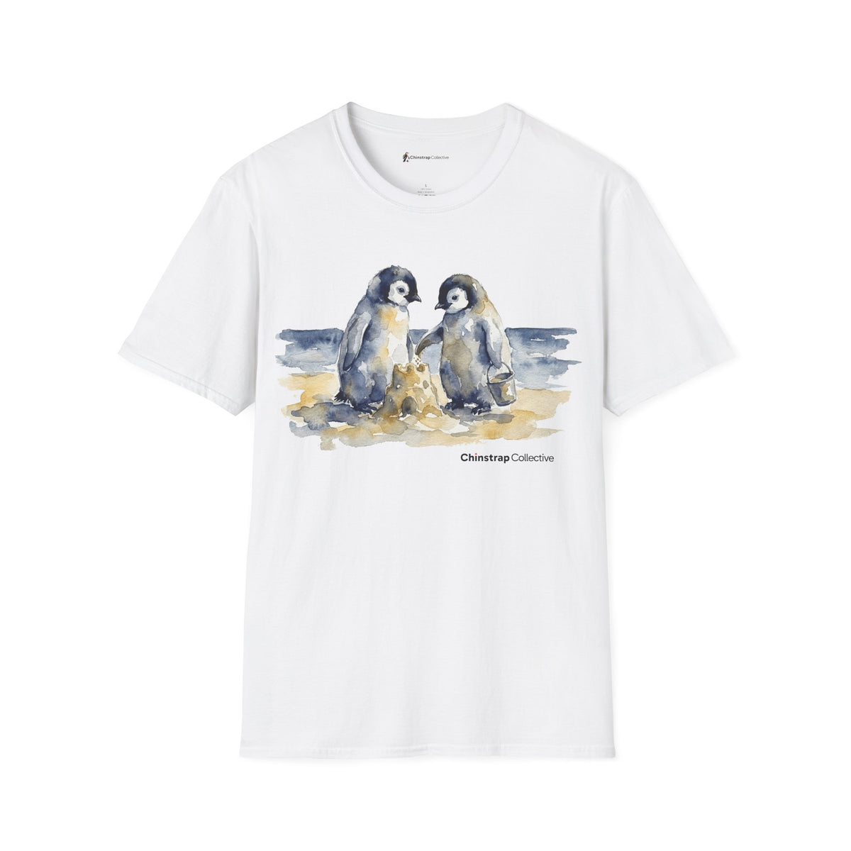 Sandcastle Penguin Chicks penguin T-shirt in White: The front print is a soft watercolor in navy, slate grey and golden…