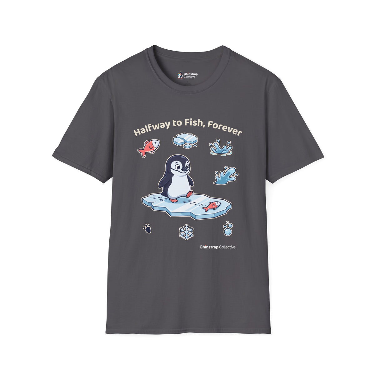 Halfway to Fish penguin T-shirt in Charcoal: The chinstrap penguin waddles toward a fish on the ice, each footprint half…