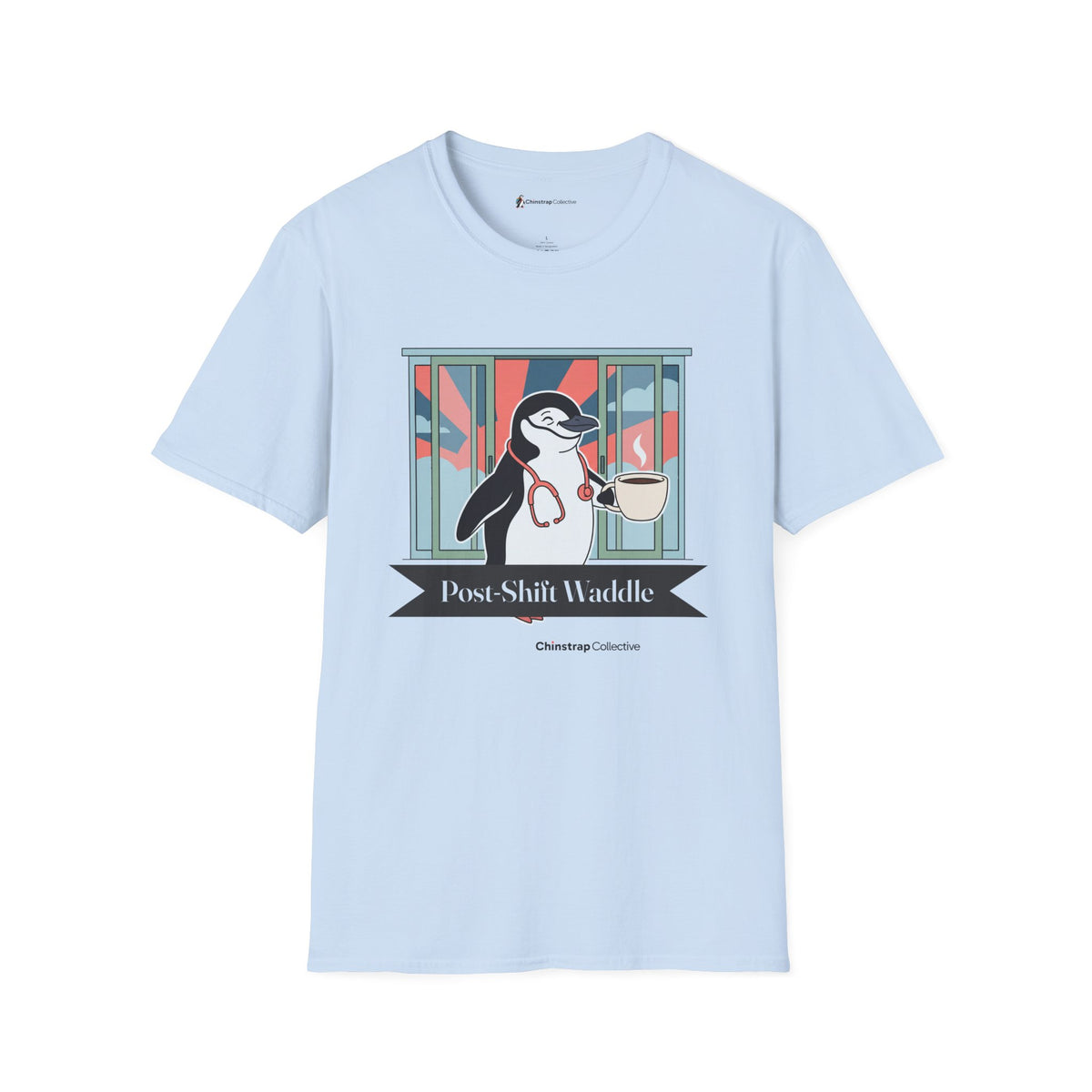 Post-Shift Waddle penguin T-shirt in Light Blue: The art shows a chinstrap penguin waddling out through sliding glass…