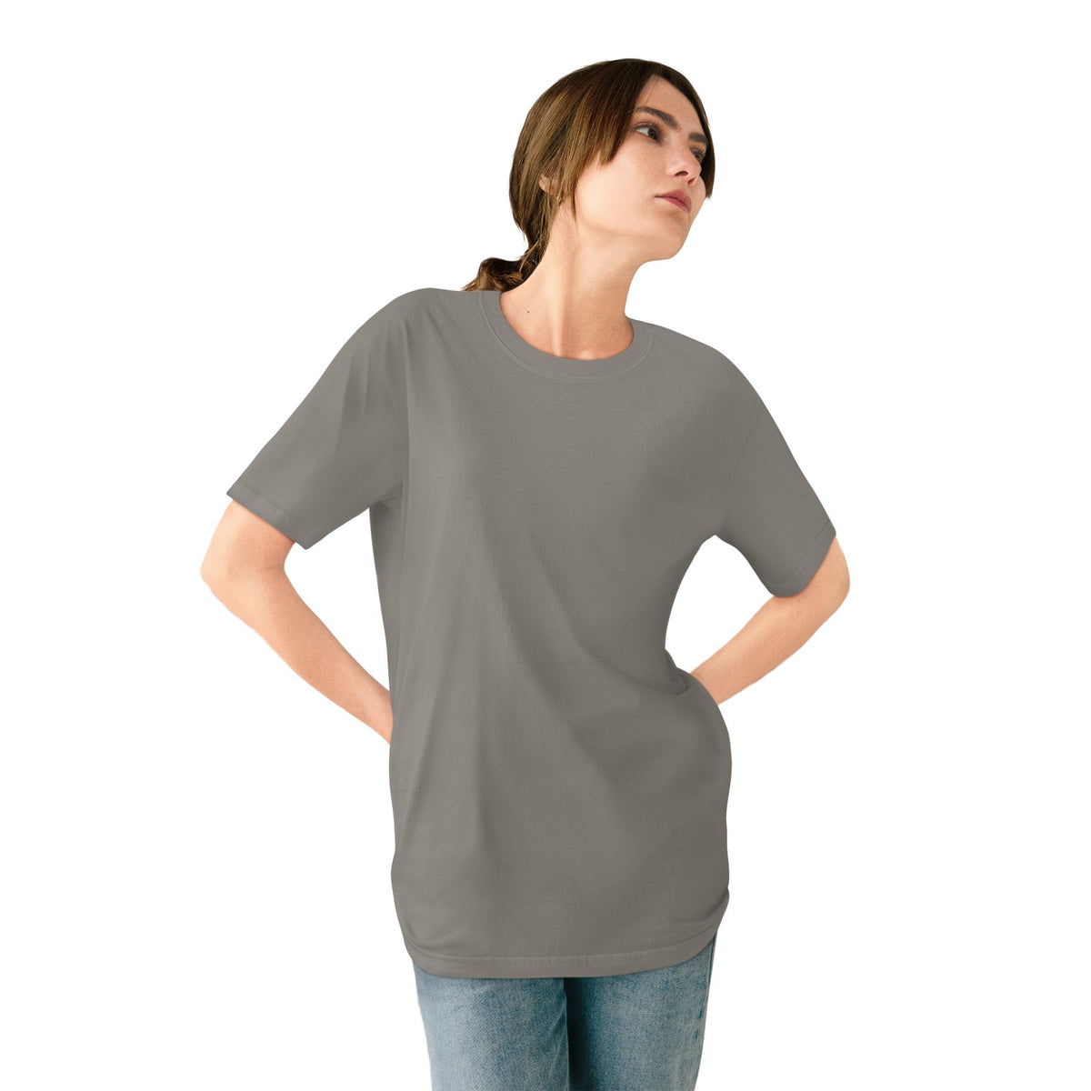 The Penguin Mountain River T-shirt in Granite, worn outdoors