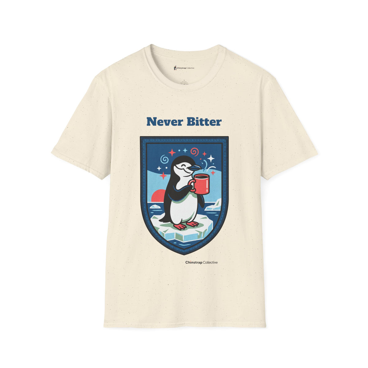 Never Bitter penguin T-shirt in Natural: The art shows a chinstrap penguin
