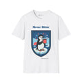 Never Bitter penguin T-shirt in White: The art shows a chinstrap penguin