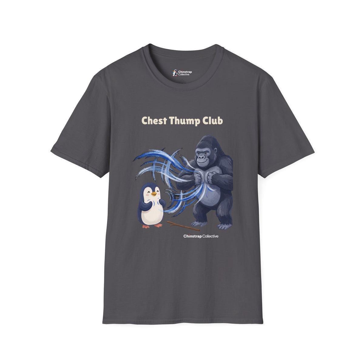Chest Thump Club penguin T-shirt in Charcoal: The penguin and a gorilla thump their chests in a playful face-off, swirls…