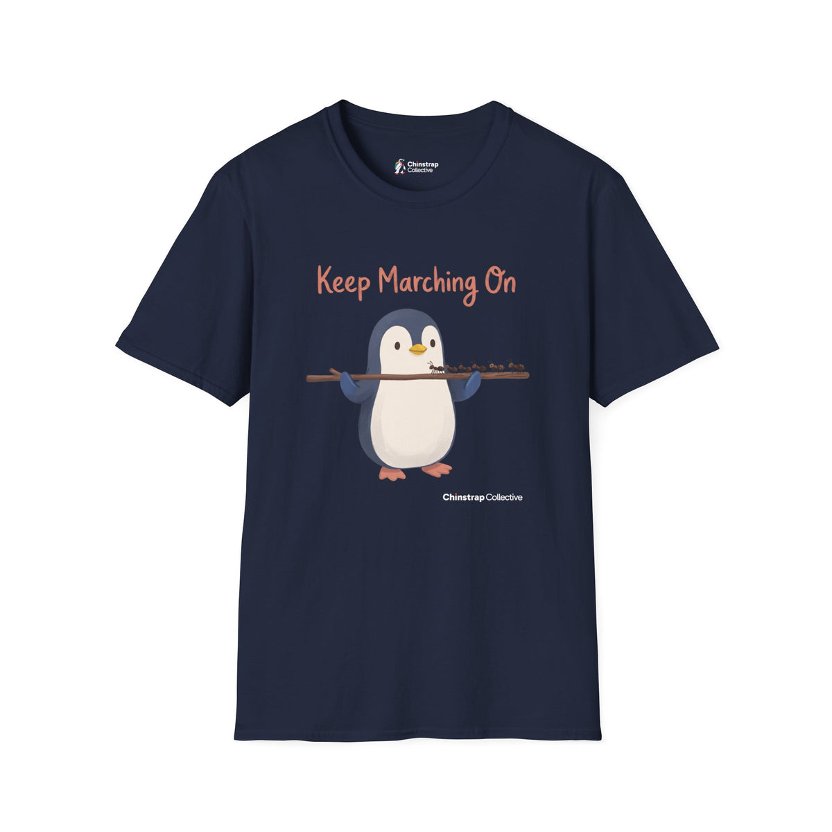 Keep Marching On penguin T-shirt in Navy: The penguin carries a long stick across its flippers while a line of ants…