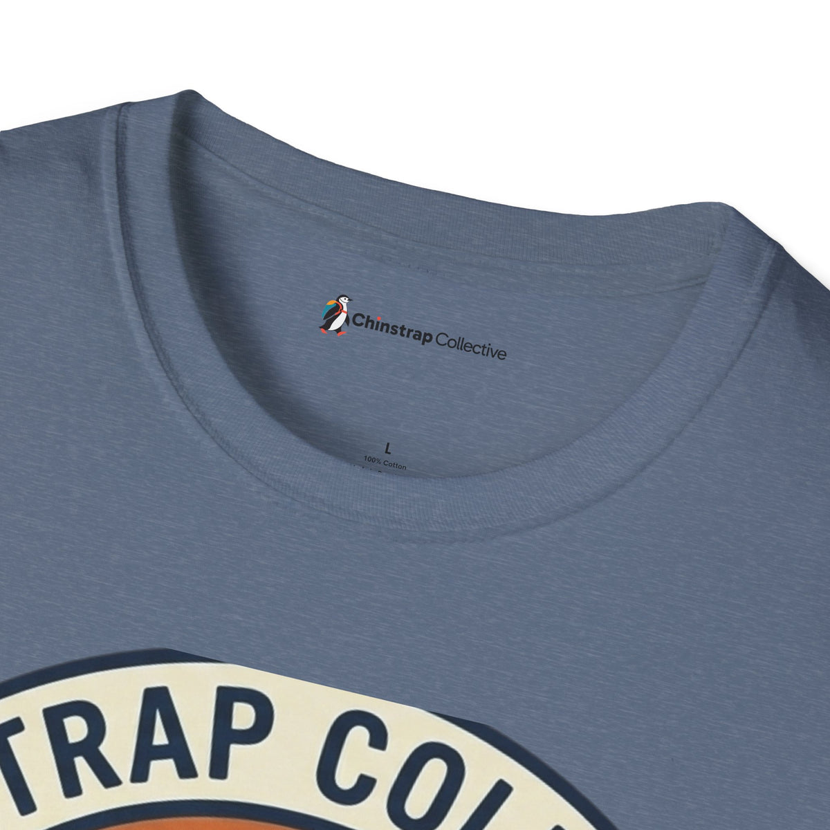 The Chinstrap Collective neck label on the Penguin Patch T-shirt in Heather Indigo