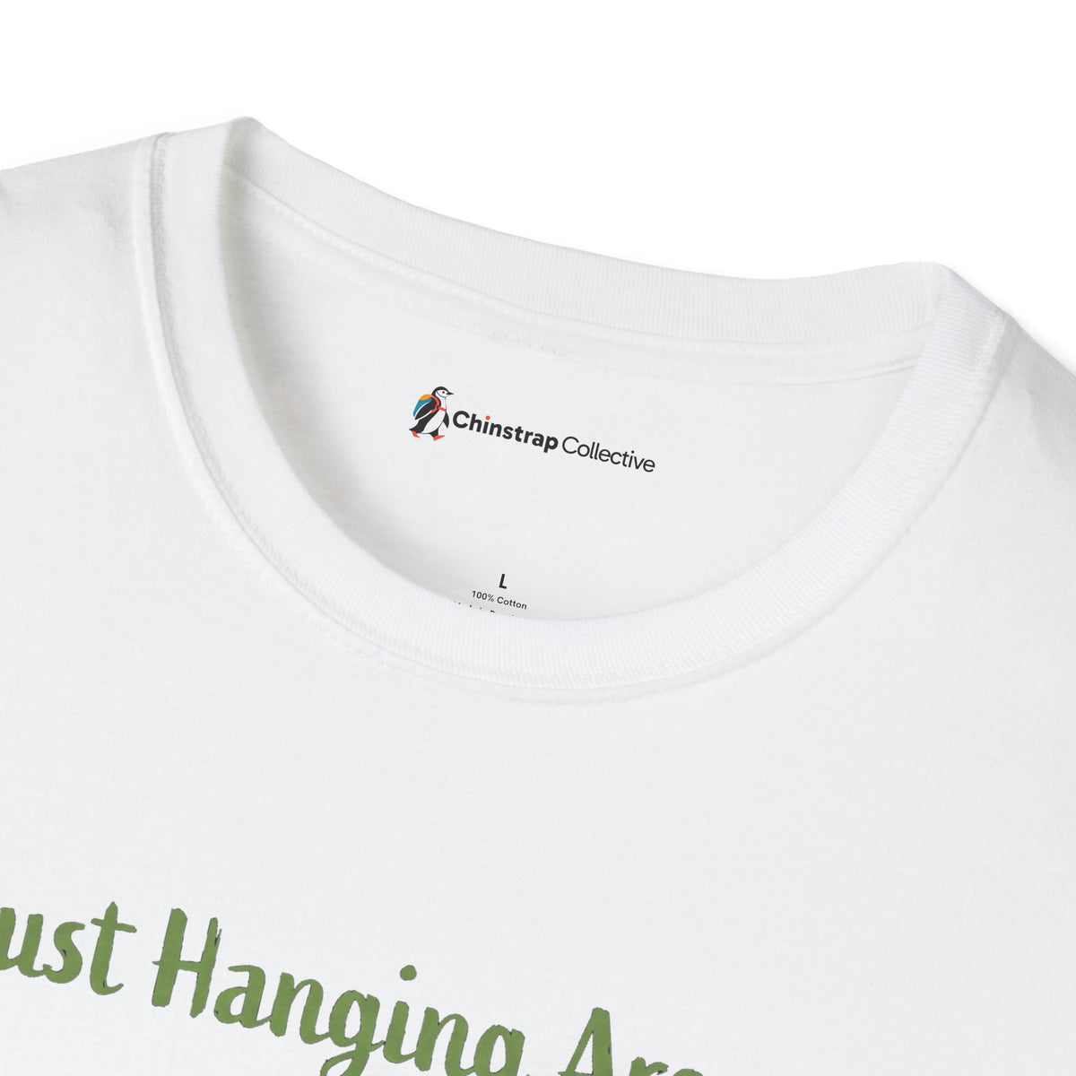 The Chinstrap Collective neck label on the Just Hanging Around T-shirt in White