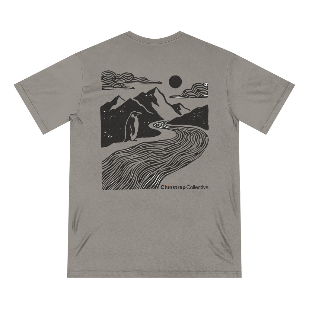 The back of the Penguin Mountain River T-shirt in Granite