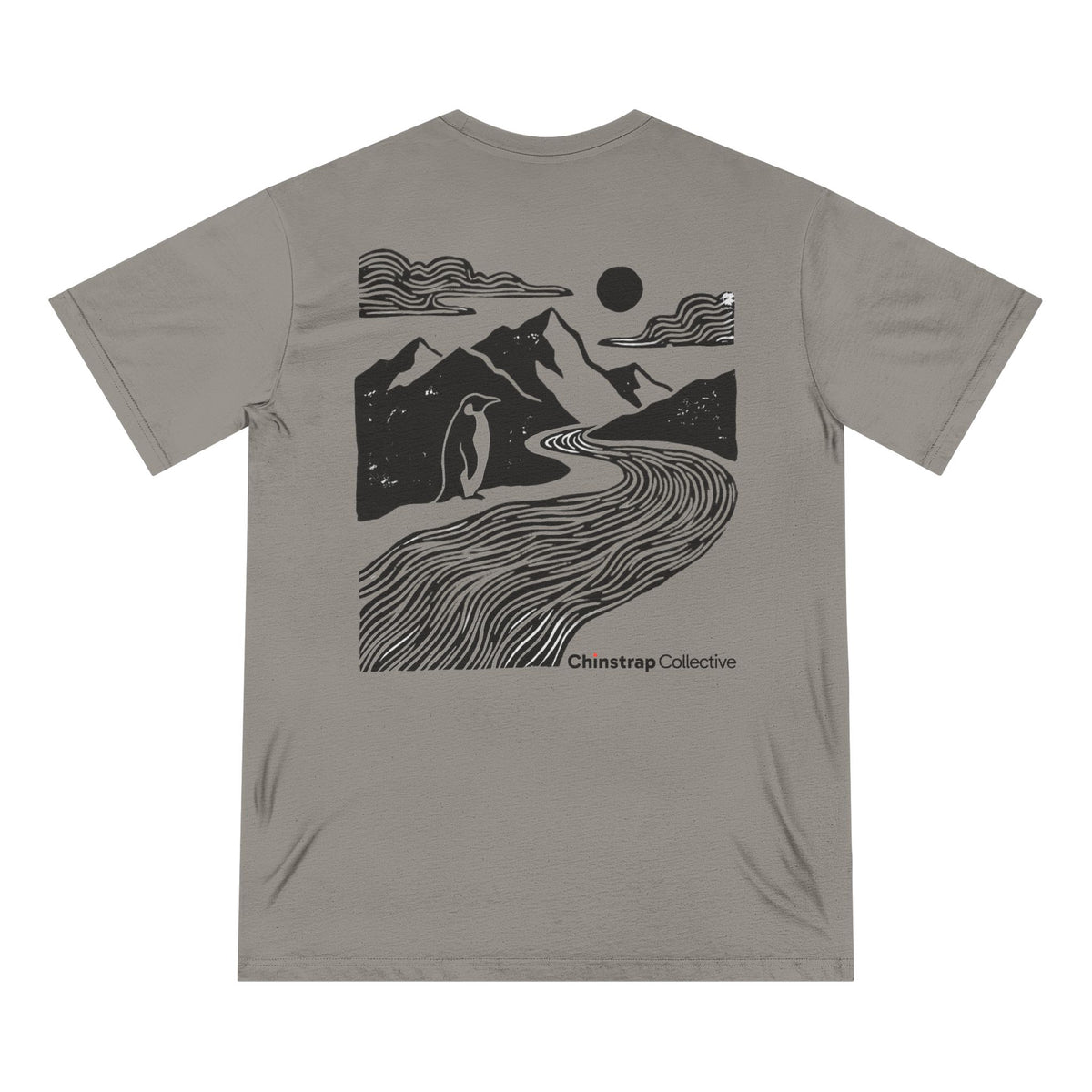 The back of the Penguin Mountain River T-shirt in Granite