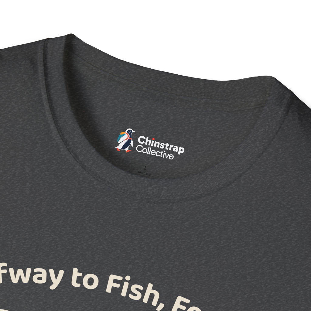 The Chinstrap Collective neck label on the Halfway to Fish T-shirt in Dark Heather