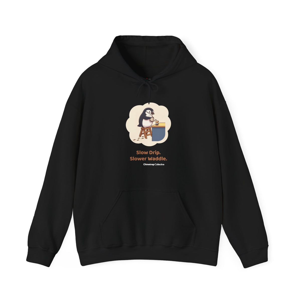 Pour-Over Patience penguin hoodie in Black: A chinstrap penguin balances