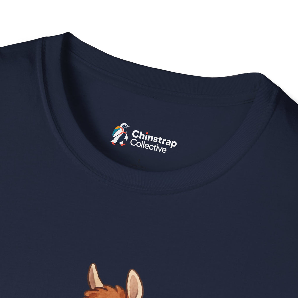 The Chinstrap Collective neck label on the ¿Cómo Te Llama? T-shirt in Navy