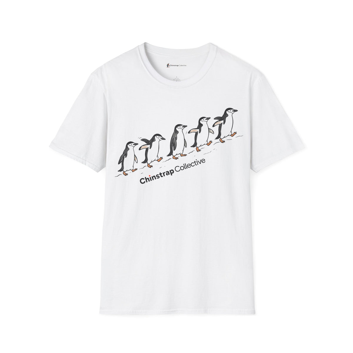 Penguin Lineup penguin T-shirt in White: The front print is an ink-and-watercolor sketch of five chinstraps in single…