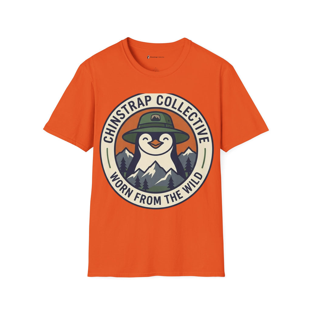 Penguin Patch penguin T-shirt in Orange: The front print is a round retro badge: a smiling penguin in a green bucket hat…
