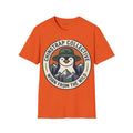 Penguin Patch penguin T-shirt in Orange: The front print is a round retro badge: a smiling penguin in a green bucket hat…