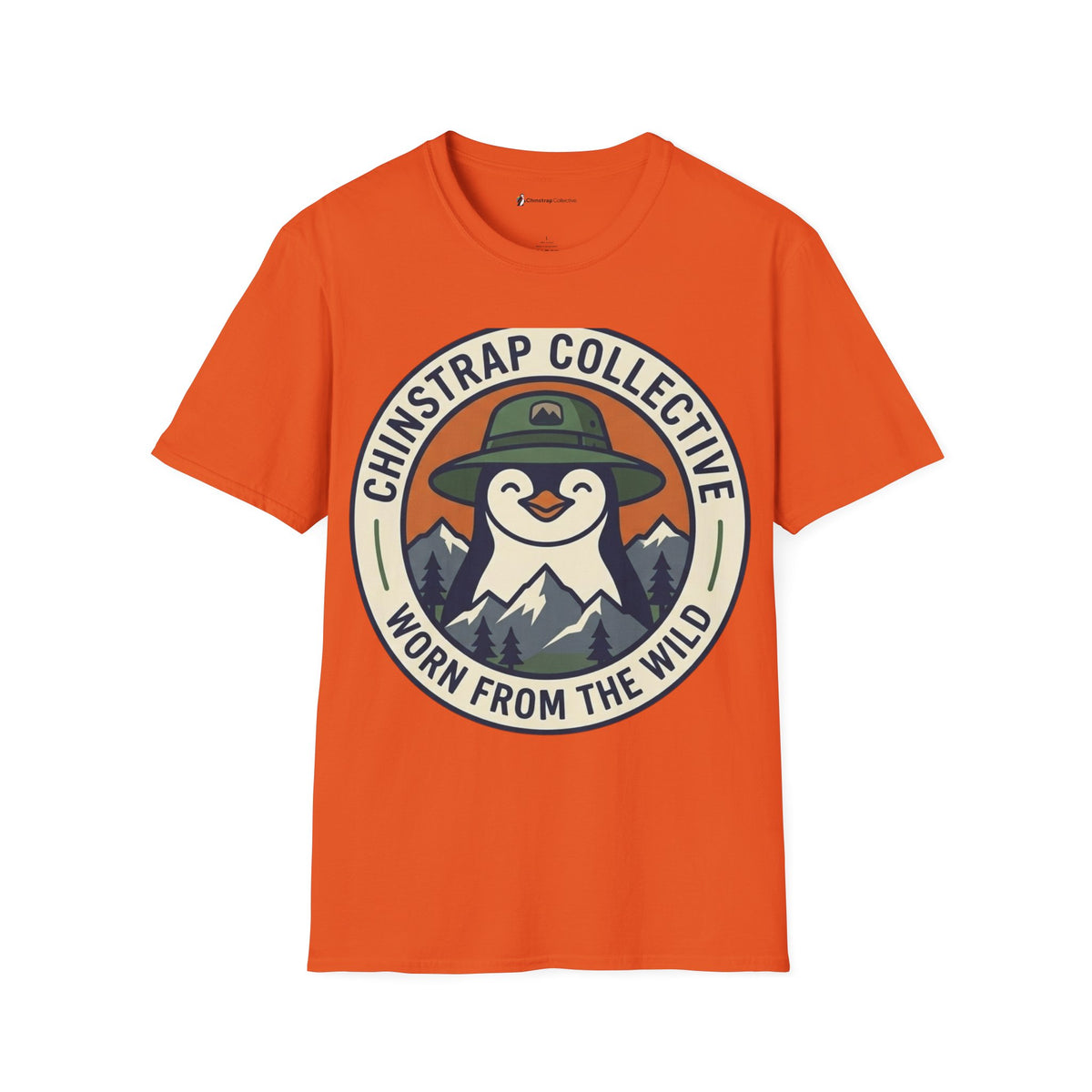 Penguin Patch penguin T-shirt in Orange: The front print is a round retro badge: a smiling penguin in a green bucket hat…