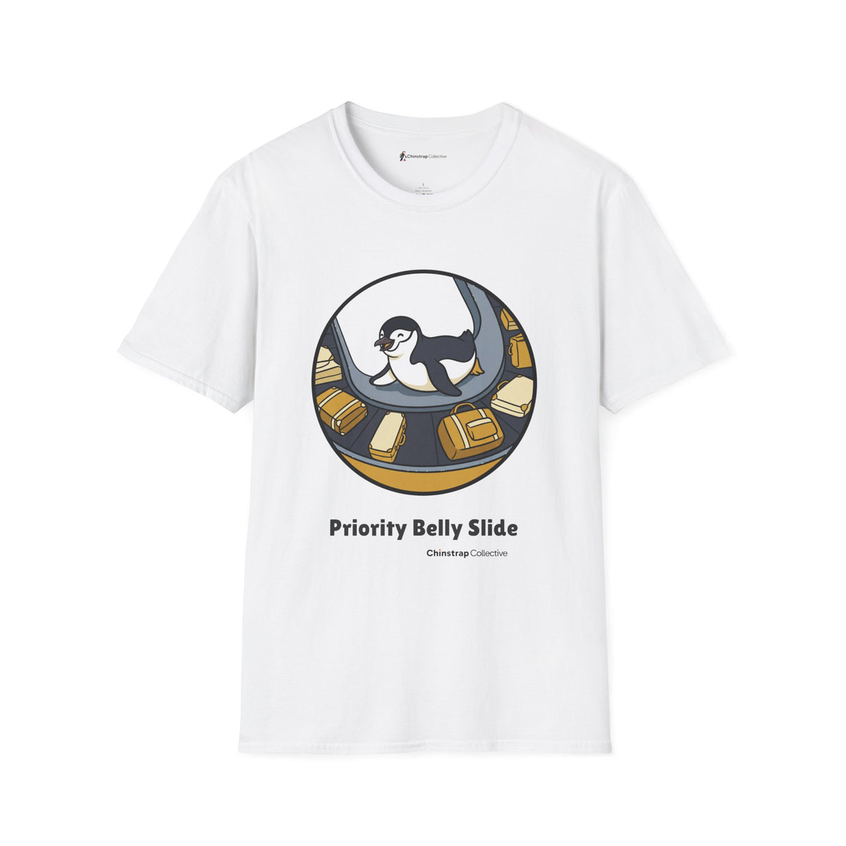Priority Belly Slide penguin T-shirt in White: Inside a round frame, the penguin belly-slides along an airport luggage…