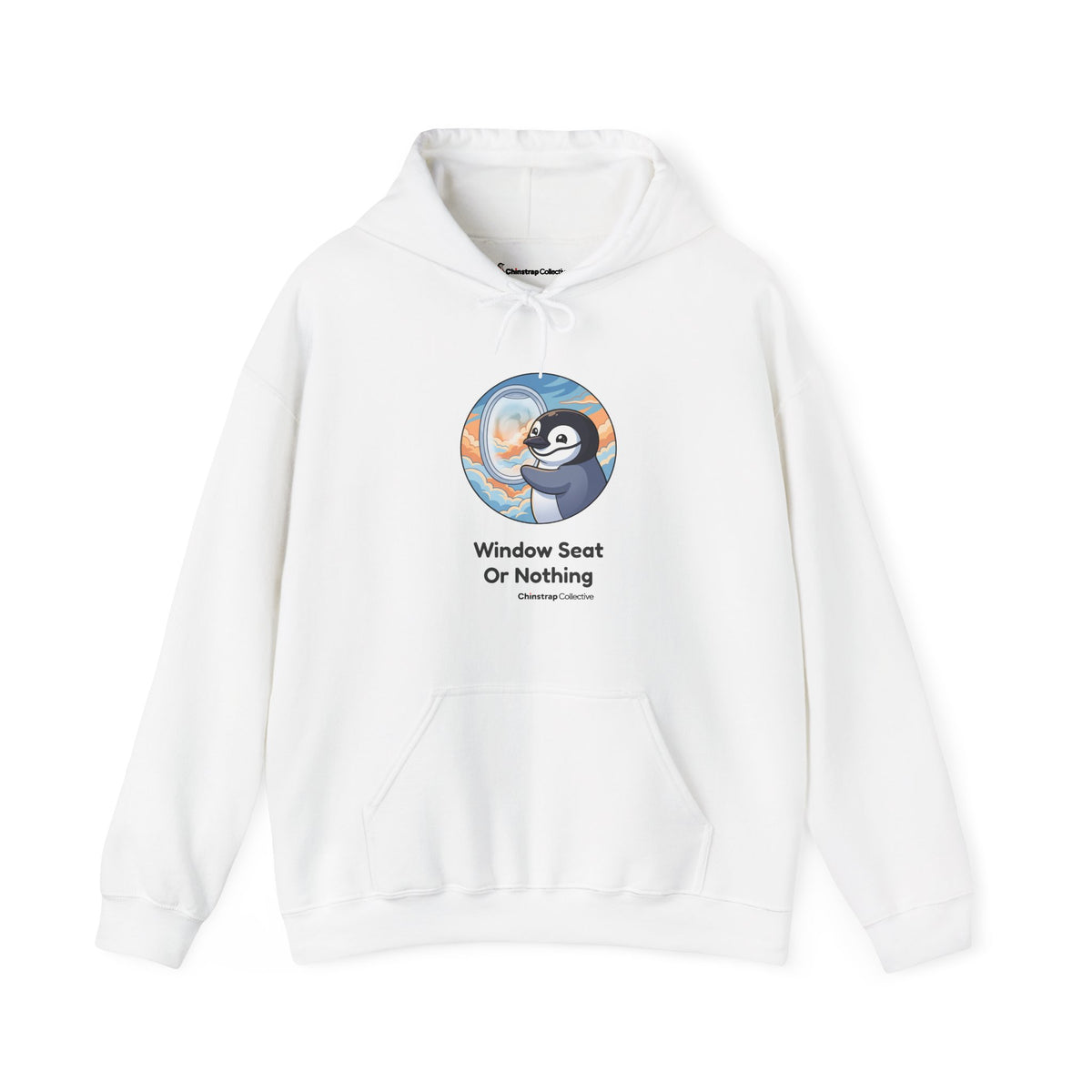 Window Seat penguin hoodie in White: The art shows a chinstrap penguin pressing its face to a round airplane window, beak…
