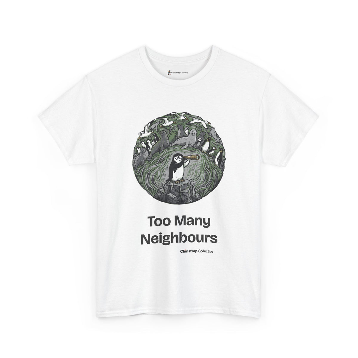 Too Many Neighbours penguin T-shirt in White: In a round, engraving-style scene of greens and greys, the penguin peers…