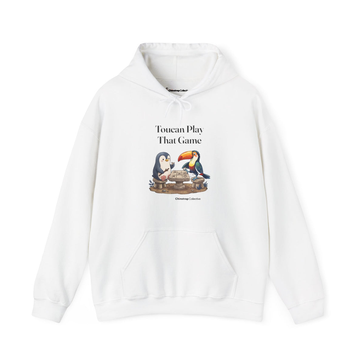 Toucan Play That Game penguin hoodie in White: The chinstrap penguin sits across from a toucan at a stone tic-tac-toe…