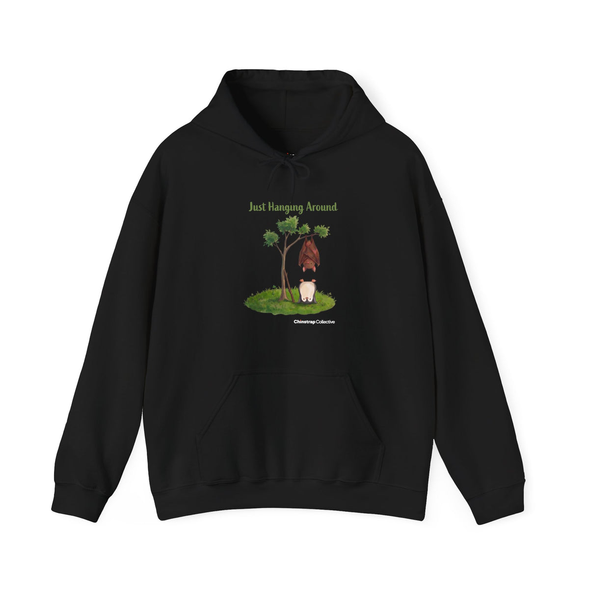 Just Hanging Around penguin hoodie in Black: A bat hangs upside down from a leafy tree while the penguin does a headstand…