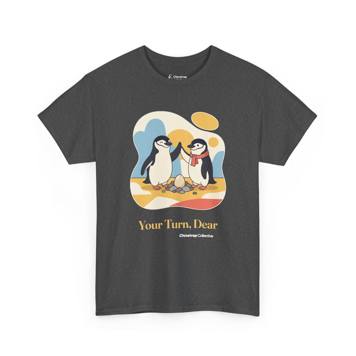 Shift Change penguin T-shirt in Dark Heather: Two storybook chinstrap penguins high-fiving over an egg