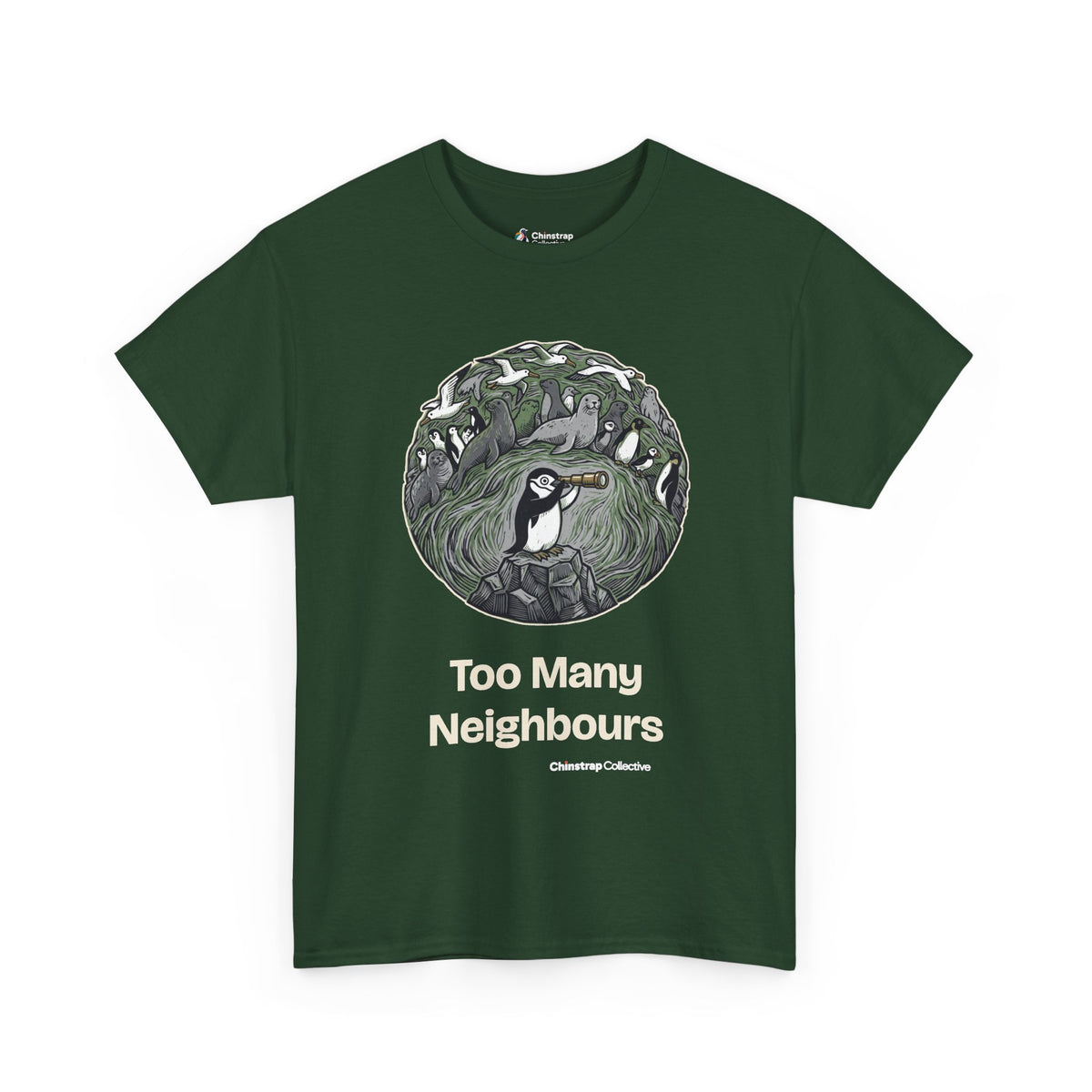 Too Many Neighbours penguin T-shirt in Forest Green: In a round, engraving-style scene of greens and greys, the penguin…