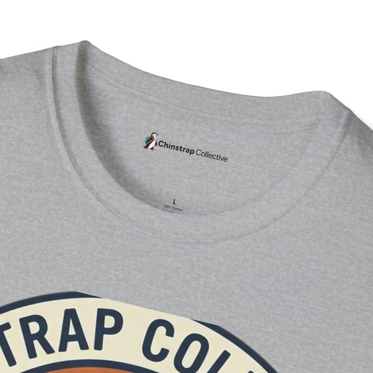 The Chinstrap Collective neck label on the Penguin Patch T-shirt in Sport Grey