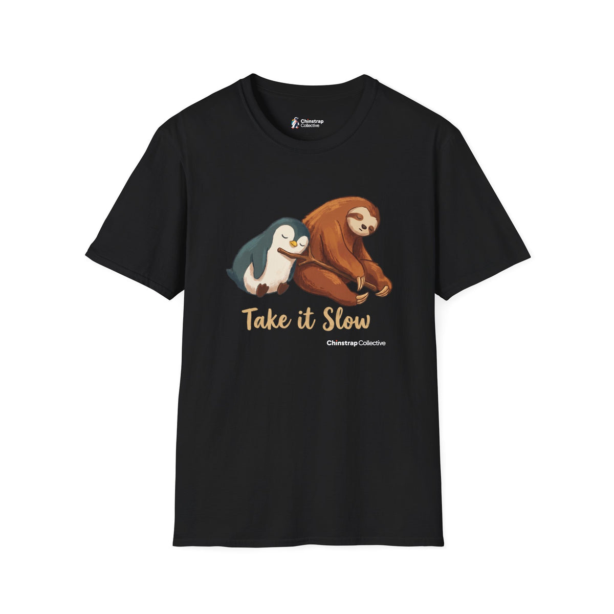 Take It Slow penguin T-shirt in Black: The penguin and a sloth doze off leaning against each other, sharing one walking…
