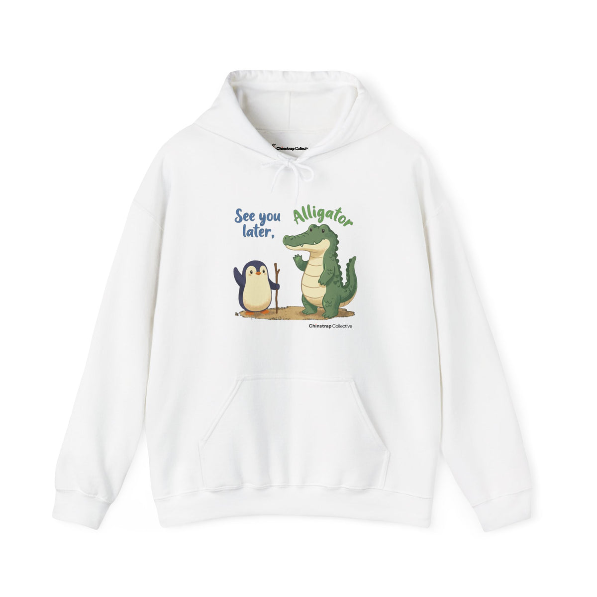 Later, Gator penguin hoodie in White: The drawing shows the penguin with a walking stick waving at a big green alligator…