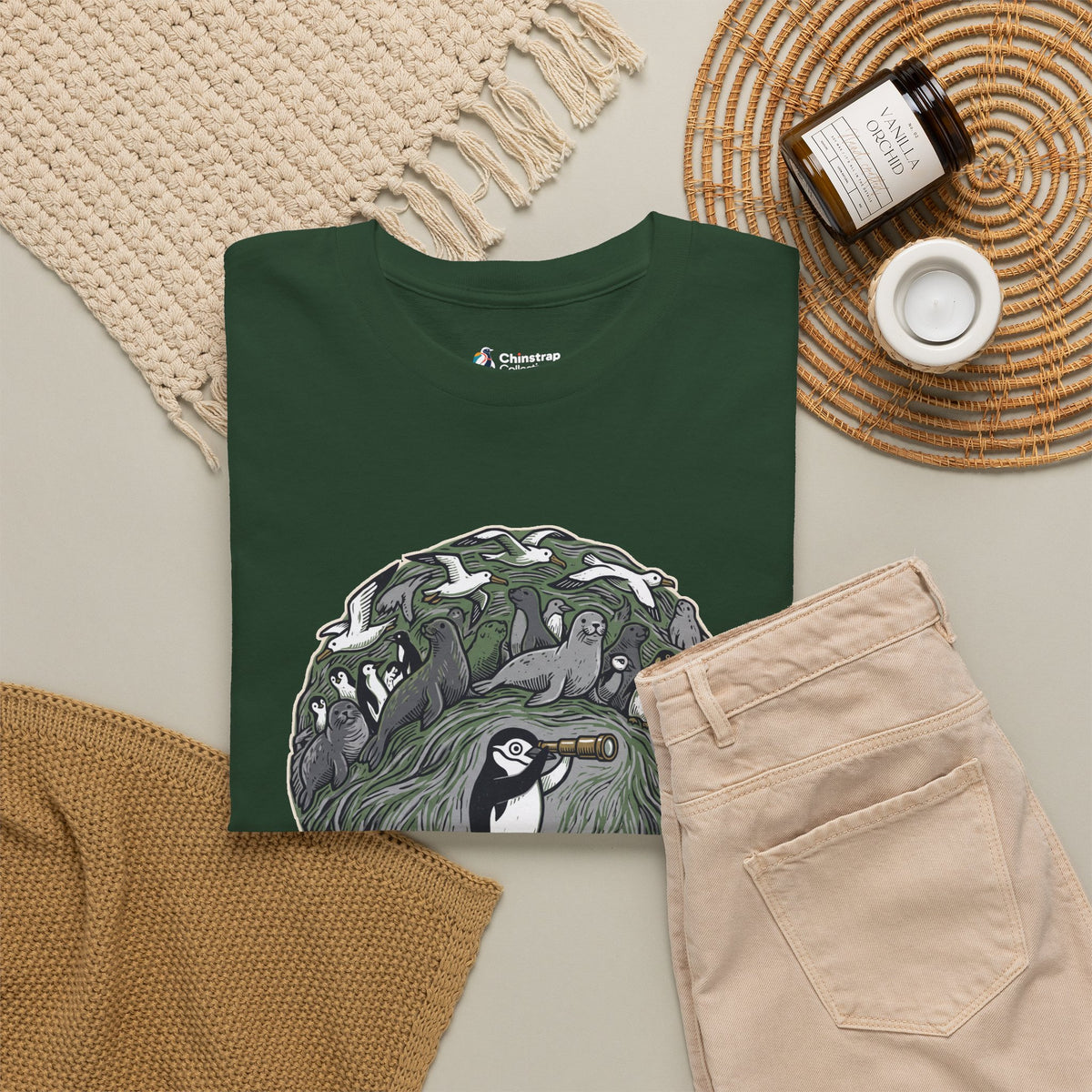 The Too Many Neighbours T-shirt in Forest Green, folded