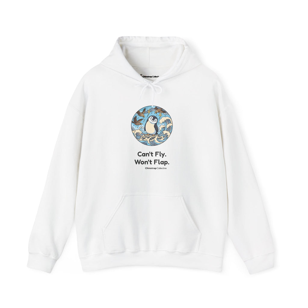 Unflappable penguin hoodie in White: Skuas dive and waves crash around the chinstrap penguin, who stands perfectly still…