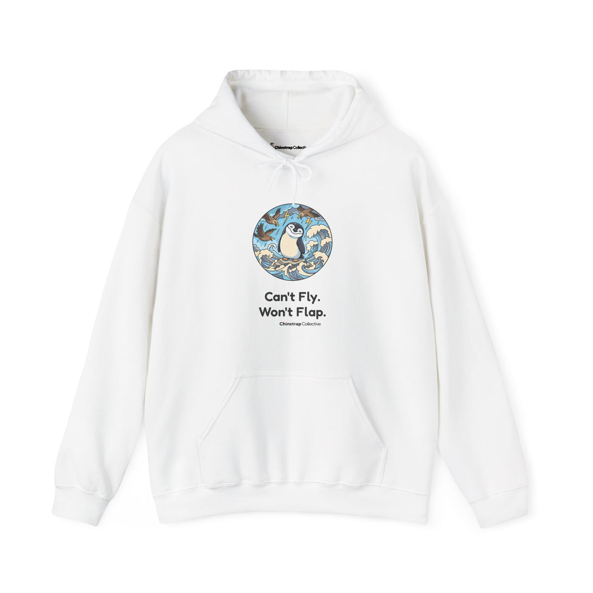 Unflappable penguin hoodie in White: Skuas dive and waves crash around the chinstrap penguin, who stands perfectly still…