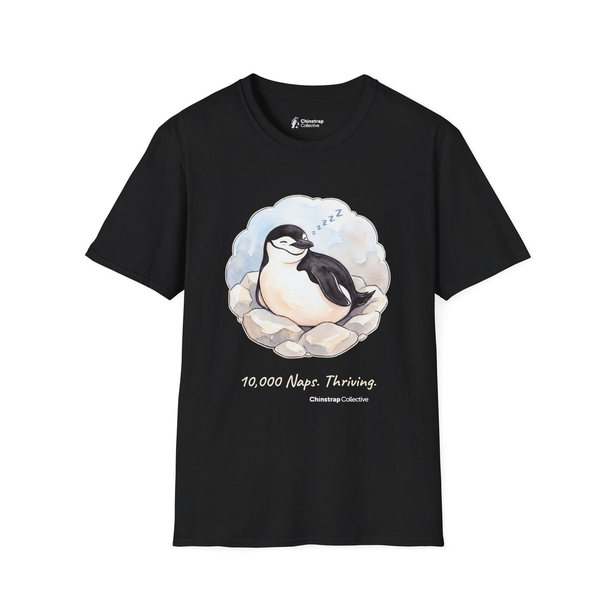 Professional Napper penguin T-shirt in Black: Inside a soft cloud of pale sky, the penguin sleeps